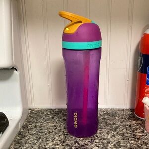 Peals Purple Water Bottle with Orange Lid and Pink Straw